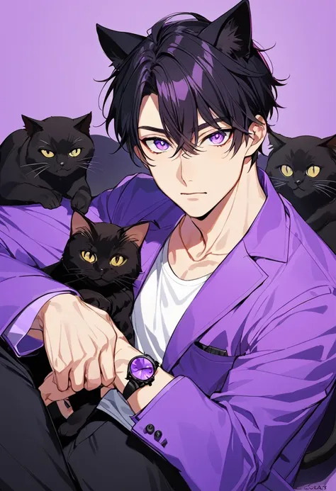 1man, short black hair, black cat ears, bright purple eyes, wearing a purple buttoned jacket, wearing a white undershirt, wearing black pants , wearing a purple watch, showing watch. No cats 