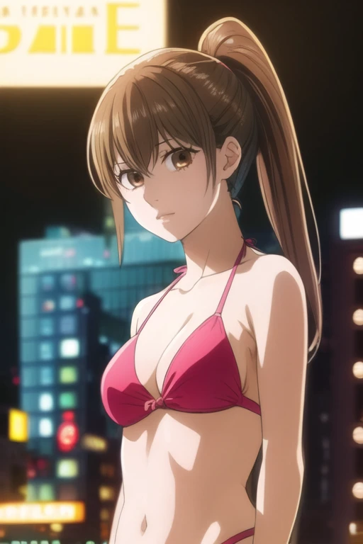 masterpiece, best quality, ultra-detailed, 1girl, solo, looking at viewer front, chihaya_ayase, brown hair, brown eyes, bikini ,ponytail ,upper body,city lights on background , trendy good looking clothes