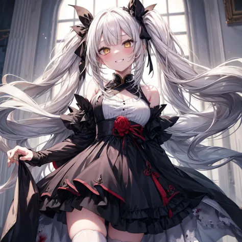 ((highest quality)), ((masterpiece)), (detailed), there is a sexy girl with white hair and white eyes in a dress, 1girl, 独奏, bre...