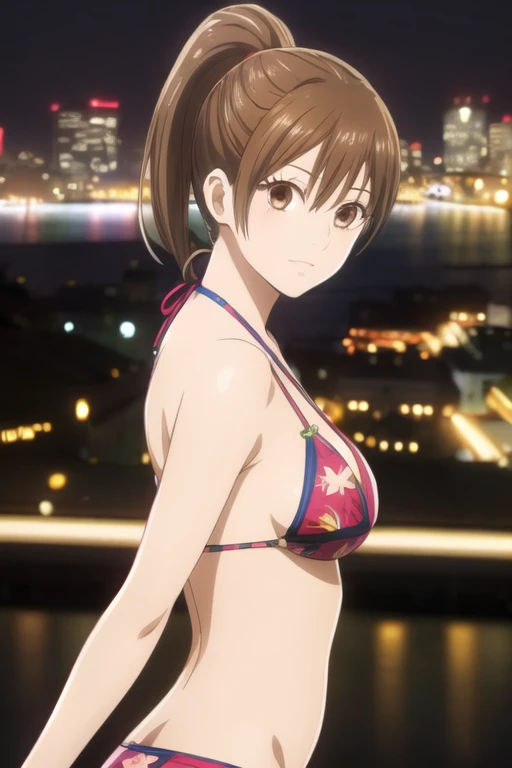 masterpiece, best quality, ultra-detailed, 1girl, solo, looking at viewer, chihaya_ayase, brown hair, brown eyes, bikini ,ponytail ,upper body, city lights on background , japanese girl fashion