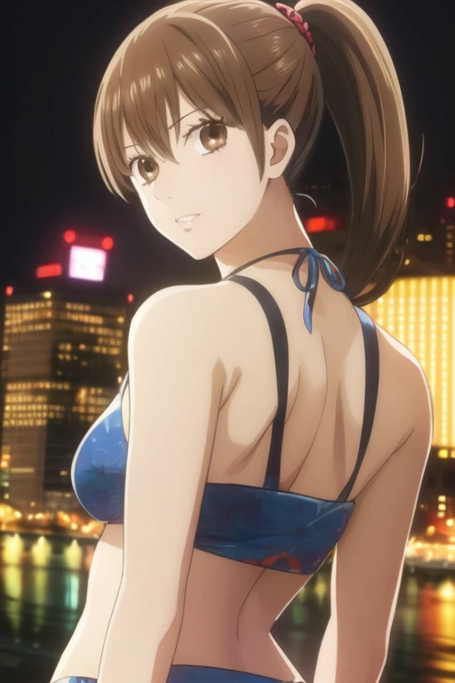 masterpiece, best quality, ultra-detailed, 1girl, solo, looking at viewer, chihaya_ayase, brown hair, brown eyes, bikini ,ponytail ,upper body, city lights on background , japanese girl fashion