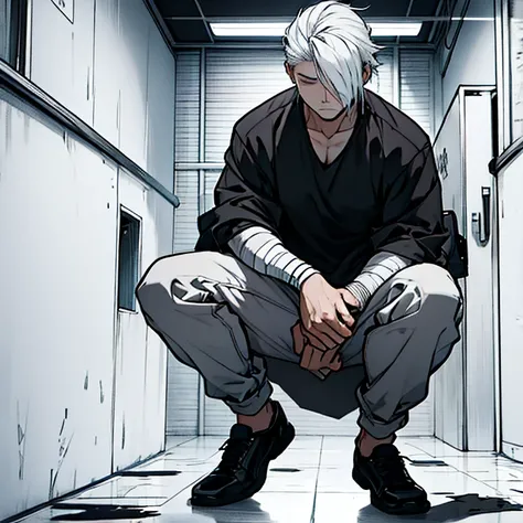 human male , black shirt ,desset ,hair over eyes , white messy hair ,full body , prison clothing , bandage on hands