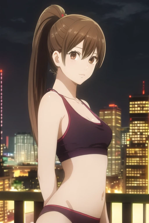 masterpiece, best quality, ultra-detailed, 1girl, solo, looking at viewer, chihaya_ayase, brown hair, brown eyes, bikini ,ponytail ,upper body,city lights on background, halft tank top