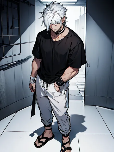 Human Male , Black shirt ,Desset ,Hair over eyes , white Messy hair ,Full body , Prison clothing , Bandage on hands 