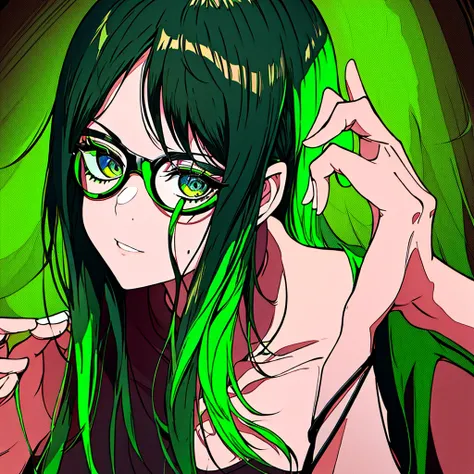 Create a photo of singer Billie Eilish in a loose black shirt, black and green hair, and green cyberpunk style glasses. She is also striking a striking pose