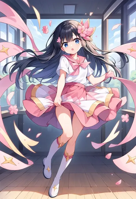 ((Pulling on clothes, Wind power increase, Pulling on skirt)), score_9, score_8_up, score_7_up, source_anime, masterpiece, 1girl, watahana, blue eyes, black hair, long hair, bangs, hair ornament, hair flower, pink flower, full body, looking at viewer, indo...