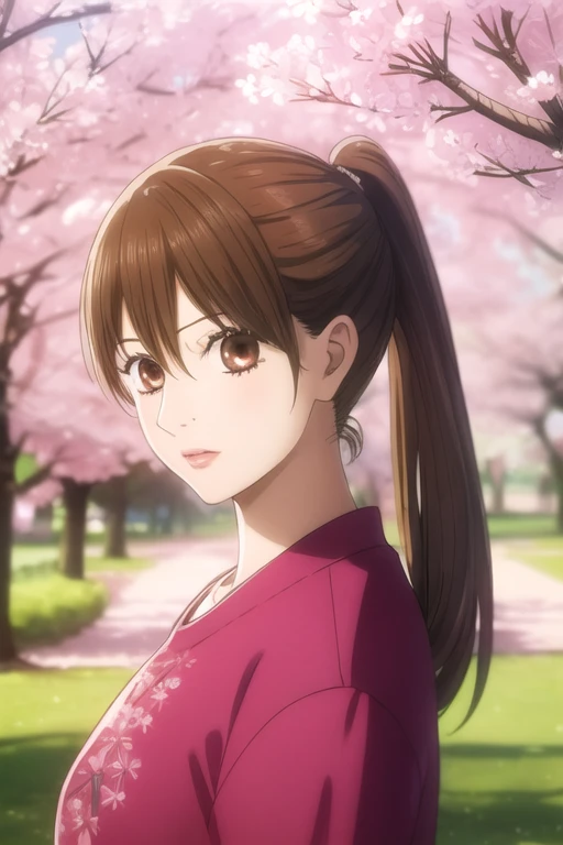 masterpiece, best quality, ultra-detailed, 1girl, solo, looking front at viewer, chihaya_ayase, brown hair, brown eyes, ponytail , upper body, in park cherry blossom trees,trendy clothes, glossy lipstick