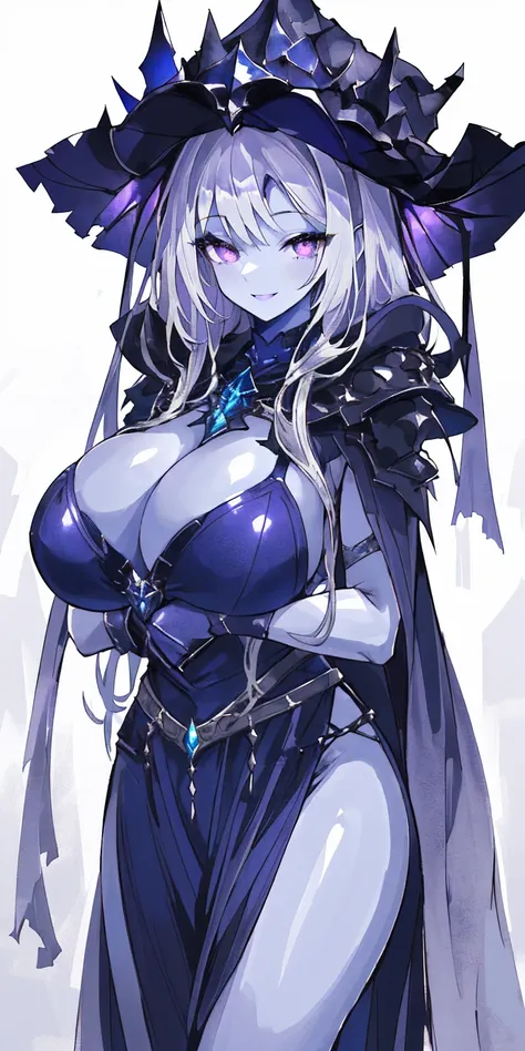 (Female chest covered)(smile) Gray skin, pale golden hair and violet eyes. She prefers clothing of white and silver with cloaks of deep blue or purple, village background, huge_knockers ((very precise detailed)) ((highres)