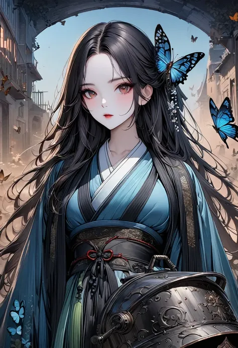 A woman, Black long hair, Wearing Hanfu，The hair is neat, On the war zone. Thousands, , Butterfly, Siege equipment, background, antique, Delicate and beautiful skin, Exquisite facial features, Cool colors, 复杂的background, 美丽的background, 4K, Very detailed, m...