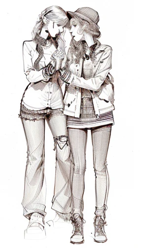 drawing of two people standing next to each other with arms crossed, holding hands, couple pose, full body drawing, ska skeleton and girlfriend, couple, sketched, holding hand, full body illustration, old sketch, edmund blair and charlie bowater, casually ...