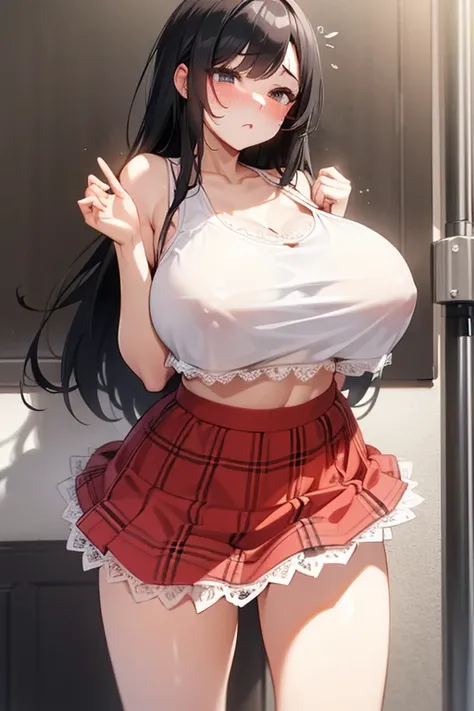 Beauty、white lace tank top、String Bra、Red checked mini skirt、((Big Tits))、Long Black Hair、embarrassed face、squirt