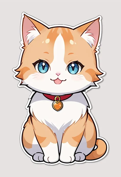 In the style of TOK, highest quality, sticker, cute cat, cartoon cat, Munchkin cat, bigger head, chibi, white and orange cat, looking at the viewer, smiling, simple background