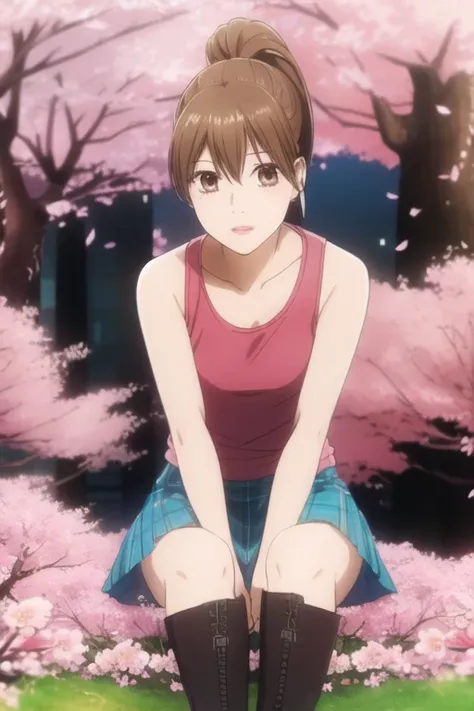 masterpiece, best quality, ultra-detailed, 1girl, solo, looking front at viewer, chihaya_ayase, brown hair, brown eyes, ponytail , upper body, in park cherry blossom trees, sitting on bank, half tank top, skirt, boots glossy lipstick