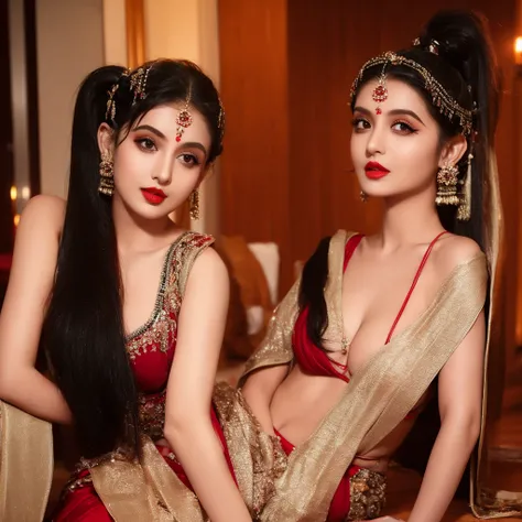 Neighbour, slutty, wearing a short revealing saree of black colour, cleavage, sexy, attractive makeup, red lips, pony tail, clingy face, embarassed, bindi on forehead, stockings 