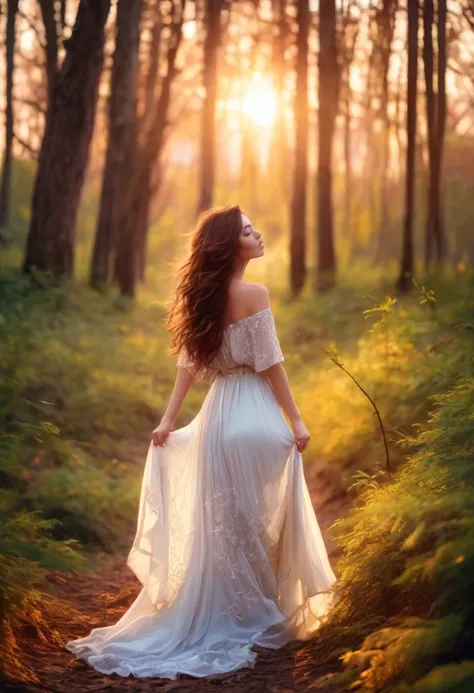 beautiful mystical woman with brown hair, in a beautiful forest enjoying the sunset