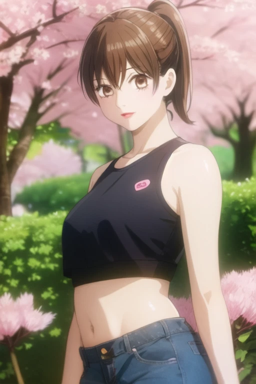 masterpiece, best quality, ultra-detailed, 1girl, solo, looking front at viewer, chihaya_ayase, brown hair, brown eyes, ponytail , upper body, in park cherry blossom trees, crop top , glossy red lipstick, good looking belly