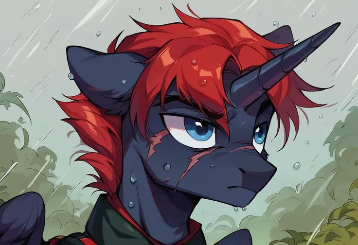 Male alicorn pony, black fur, long red hair, deep blue eyes, red feathers on wings, scar over left eye, red striping, vietnam-era helicopter pilot uniform, boonie hat, in a swamp, explosion in background, raining, wet hair, thousand-yard stare, close-up po...