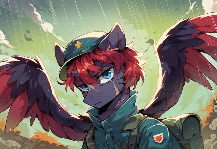 Male alicorn pony, black fur, long red hair, deep blue eyes, red feathers on wings, scar over left eye, red striping, vietnam-era helicopter pilot uniform, boonie hat, in a swamp, explosion in background, raining, wet hair, thousand-yard stare, close-up po...