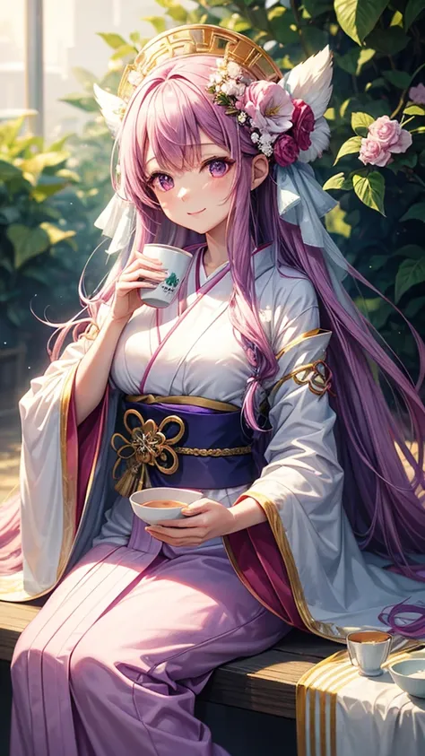 A young woman with long purple hair, wearing a white and pink kimono with a large flower on her head, holds a cup of tea in her hands. She has a gentle smile on her face and is surrounded by a delicate aura. The background is a soft pink and purple with a ...