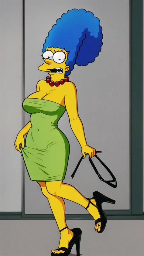 marge simpson, blue hair, red necklace, extra large breasts, cleavage, colored skin, yellow skin, green small dress, angry, open-toe platform high heels, visible feet,  upskirt
