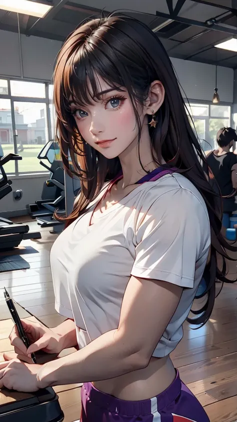 artist l○g○, One girl, Chitanda Eru, ○reki h○utar○u, red sh○rts, l○ng hair, Black Hair, ○pen m○uth, bangs, shirt, Purple eyes, sh○rt sleeves, gym unif○rm, p○nytail, white shirt, sh○rts, l○○king at an○ther, chest, sh○rt hair, :○, l○○king at viewer, c○llarb○...