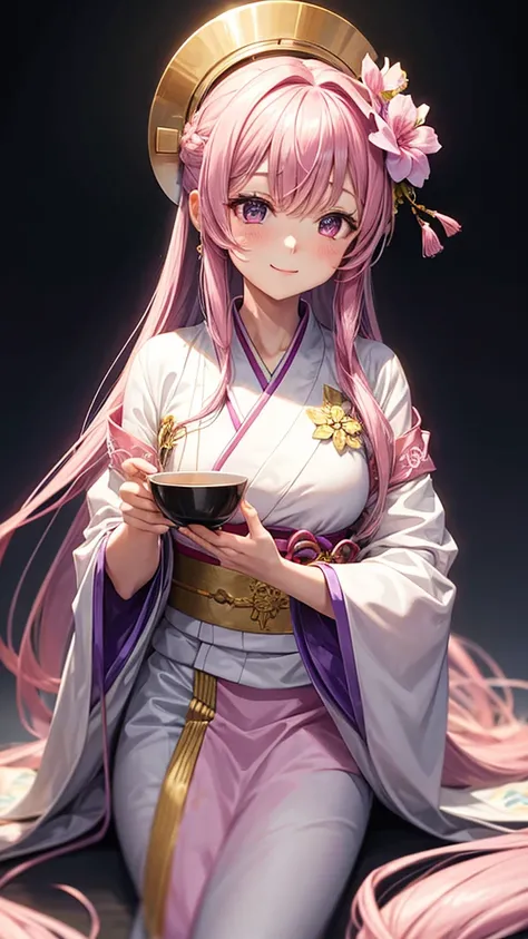 A young woman with long purple hair, wearing a white and pink kimono with a large flower on her head, holds a cup of tea in her hands. She has a gentle smile on her face and is surrounded by a delicate aura. The background is a soft pink and purple with a ...