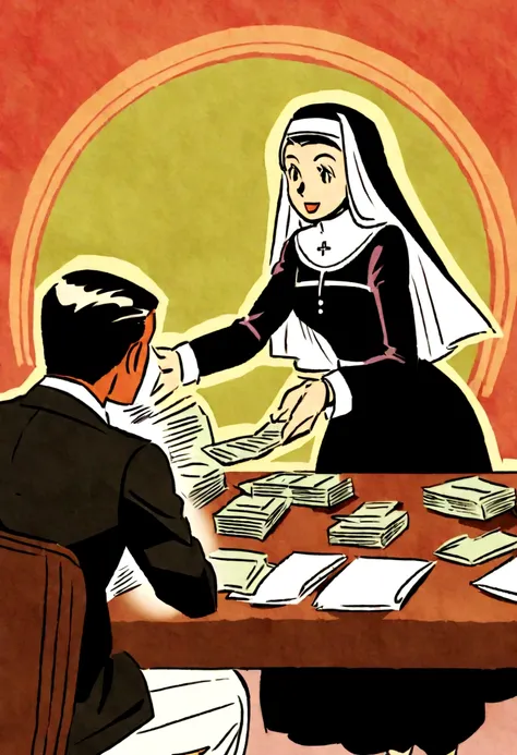 Create a vintage illustration of a businessman handing an envelope of cash to his employee in a classic 1940s-1960s office. The entrepreneur, nun dress, demonstrates generosity while the employee expresses gratitude. Use colors and elements typical of the ...