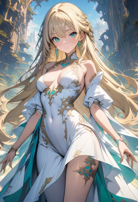 (masterpiece, Highest quality, Highest quality, Official Art, Beauty and aesthetics: 1.2), (One girl: 1.3), (Fractal Art: 1.3), euphilia, One Girl,Anime girl with long blonde hair and dark turquoise eyes in a white dress, Green Eyes,Beautiful Eyes, Elegant...