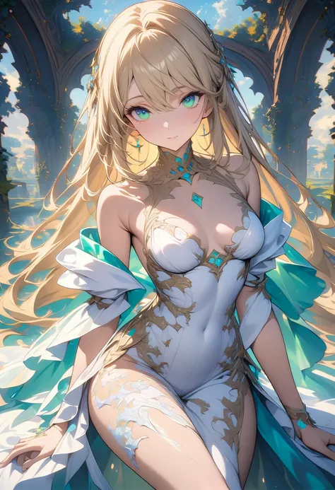 (masterpiece, Highest quality, Highest quality, Official Art, Beauty and aesthetics: 1.2), (One girl: 1.3), (Fractal Art: 1.3), euphilia, One Girl,Anime girl with long blonde hair and dark turquoise eyes in a white dress, Green Eyes,Beautiful Eyes, Elegant...