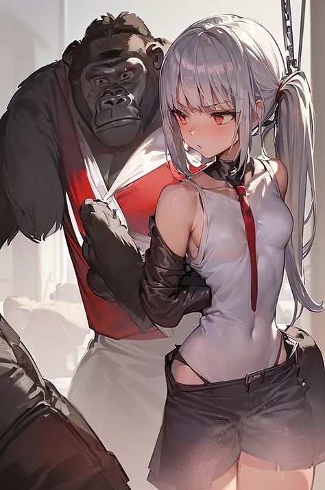 masterpiece, best quality,anime style, 1 girl,(((slender body))), (((small breast))),(((hot pants, white tanktop,red tie))),(((((a gorilla man grabbing the girl))))), ((((restrained, arms behind back)))),((((cum)))), (beautiful face), (((short twintail))),...