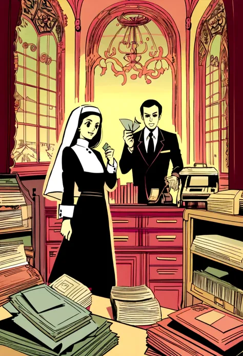 Create a vintage illustration of a businessman handing an envelope of cash to his young employee in a classic 1940s-1960s office. The entrepreneur, nun dress. Use colors and elements typical of the time to create a nostalgic and retro atmosphere.