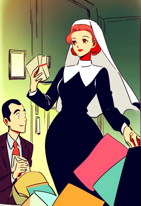 Create a vintage illustration of a businessman handing an envelope of cash to his young employee in a classic 1940s-1960s office. The entrepreneur, nun dress. Use colors and elements typical of the time to create a nostalgic and retro atmosphere.