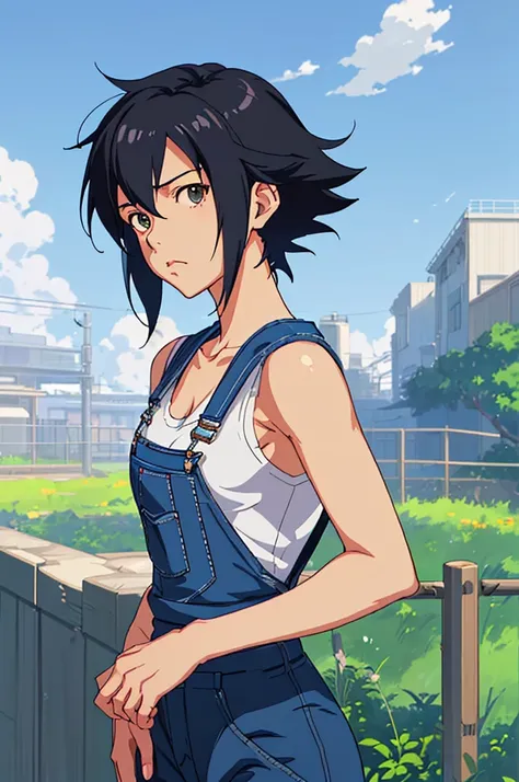 A close-up of a woman in overalls standing near a fence, Makoto Shinkai ( legends of the apex ), female protagonist 👀 :8, attractive anime girl, Makoto Shinkai and artgerm, blue Monkey, cute girl in tank suit, seductive anime girl, Abigail from Stardew Val...