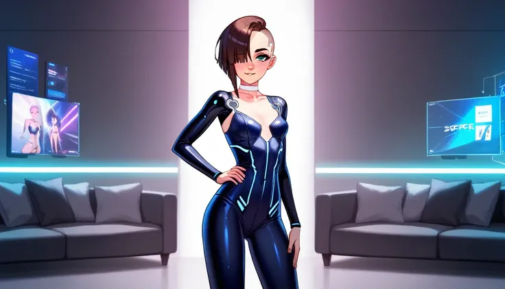 Create a digital anime-style image of a young woman with a modern, brunette, hair cut side shaved head, eyes blue, lips atractive, beatiful fitness of her body. edgy appearance standing confidently in a dimly lit room with a cyberpunk aesthetic. The woman ...