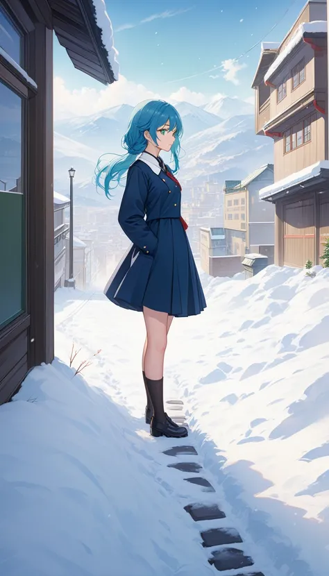 best quality,Ultra-high resolution,1 Girl,Solitary,whole body,snow,City,, Blue Hair,Green Eyes,JK,Uniforms,