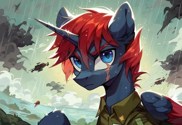 Male alicorn pony, black fur, long red hair, deep blue eyes, red feathers on wings, scar over left eye, red striping, vietnam-era helicopter pilot uniform, boonie hat, in a swamp, explosion in background, raining, wet hair, thousand-yard stare, close-up po...