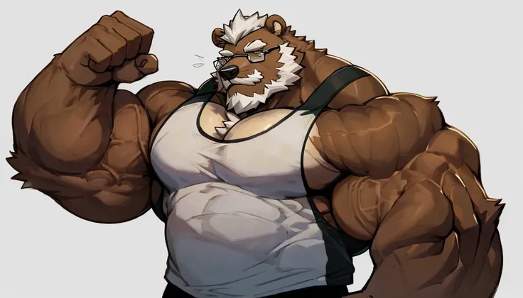 solo, 1boy, Huge Muscular Old grizzly bear wearing glasses , pectoral, huge pectoral, wide pectoral, black tank top, short white hair, gym shorts and shirtless, bearded, mustache, simple background, masterpiece, high detailed, 8k, high resolution, at the g...