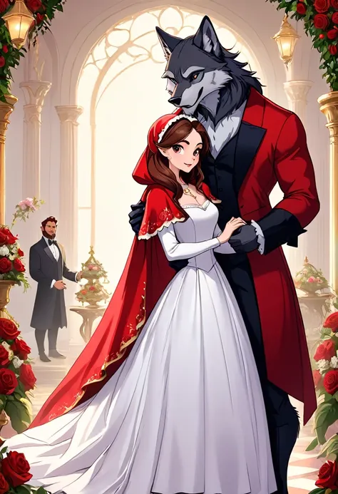 cover_page, fairy tale wedding. red riding hood, wolf man , elegant gown, hunter sharp suit, romantic, lavish decorations, cerem...