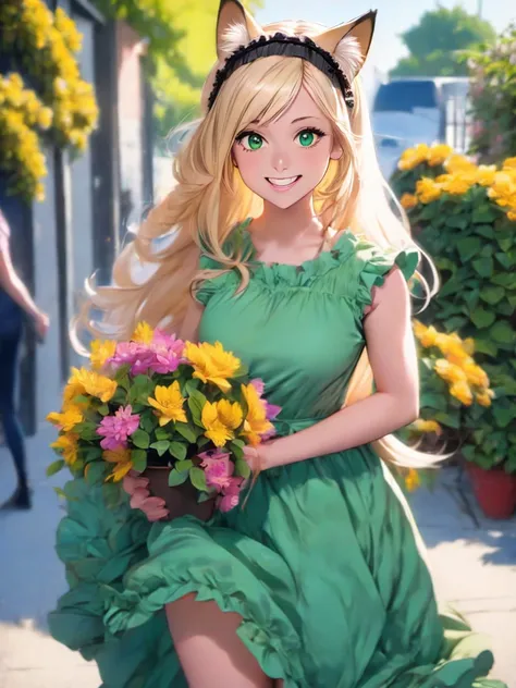 1girl, :d, animal ear fluff, animal ears, bangs, black hairband, blonde hair, blurry, blurry background, depth of field, dress, flower, flower pot, frilled dress, frills, green dress, green eyes, hairband, holding, long hair, open mouth, pink flower, plant...