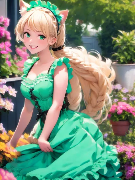 1girl, :d, animal ear fluff, animal ears, bangs, black hairband, blonde hair, blurry, blurry background, depth of field, dress, flower, flower pot, frilled dress, frills, green dress, green eyes, hairband, holding, long hair, open mouth, pink flower, plant...