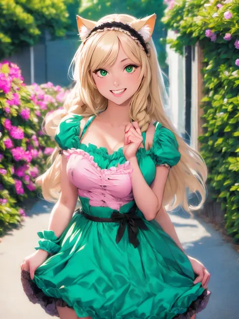 1girl, :d, animal ear fluff, animal ears, bangs, black hairband, blonde hair, blurry, blurry background, depth of field, dress, flower, flower pot, frilled dress, frills, green dress, green eyes, hairband, holding, long hair, open mouth, pink flower, plant...