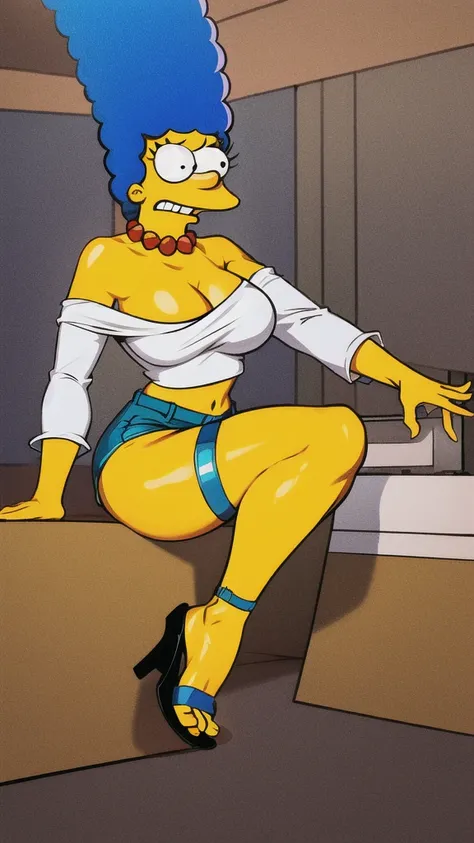 marge simpson, blue hair, red necklace, extra large breasts, cleavage, colored skin, yellow skin, green short crop-top, short shorts, angry, open-toe platform high heels, visible feet, thick thighs 
