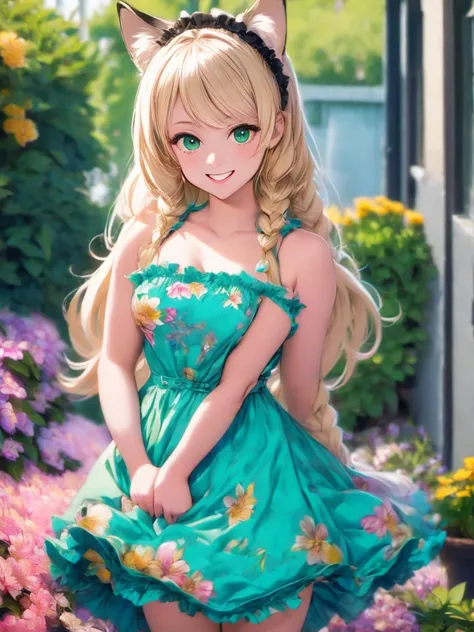 1girl, :d, animal ear fluff, animal ears, bangs, black hairband, blonde hair, blurry, blurry background, depth of field, dress, flower, flower pot, frilled dress, frills, green dress, green eyes, hairband, holding, long hair, open mouth, pink flower, plant...