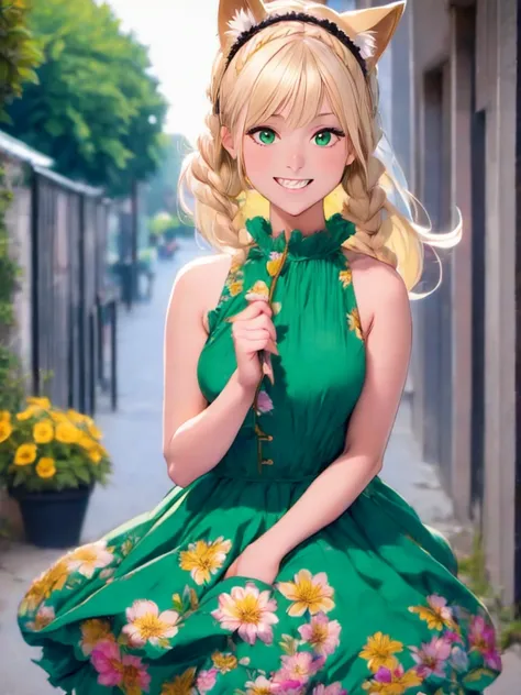 1girl, :d, animal ear fluff, animal ears, bangs, black hairband, blonde hair, blurry, blurry background, depth of field, dress, flower, flower pot, frilled dress, frills, green dress, green eyes, hairband, holding, long hair, open mouth, pink flower, plant...