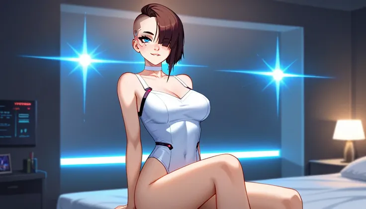 Create a digital anime-style image of a young woman with a modern, brunette, hair cut side shaved head, eyes blue, lips atractive, beatiful fitness of her body. edgy appearance standing confidently in a dimly lit room with a cyberpunk aesthetic. The woman ...