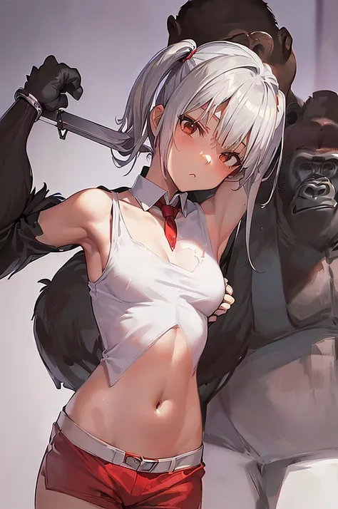 masterpiece, best quality,anime style, 1 girl,(((slender body))), (((small breast))),(((hot pants, white tanktop,red tie))),(((((a gorilla man grabbing the girl))))), ((((restrained, arms behind back)))),((((cum)))), (beautiful face), (((short twintail))),...