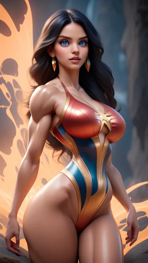 a beautiful woman in a swimsuit, dynamic superheroine, highly detailed facial features, piercing eyes, long eyelashes, full lips, sharp nose, mesmerizing expression, graceful pose, muscular toned body, flowing hair, intricate swimsuit design, glowing skin,...