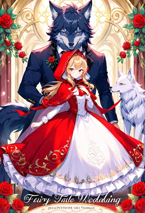 cover_page, fairy tale wedding. red riding hood, wolf man , elegant gown, hunter sharp suit, romantic, lavish decorations, cerem...