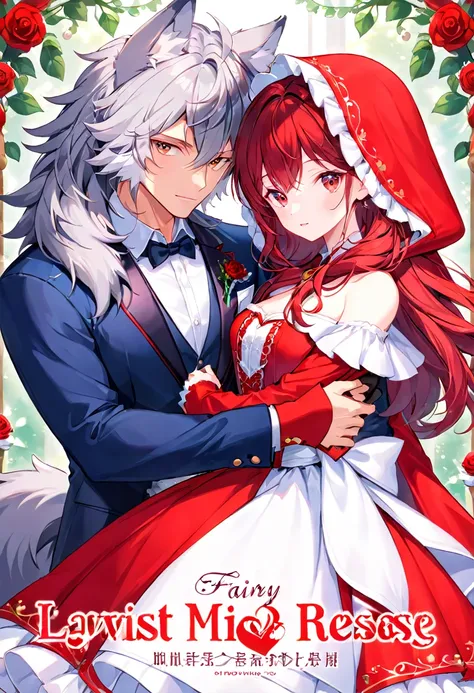 cover_page, Fairy tale wedding. Red Riding Hood, wolf man , elegant gown, hunter sharp suit, romantic, lavish decorations, ceremony, beauty and the beast, 