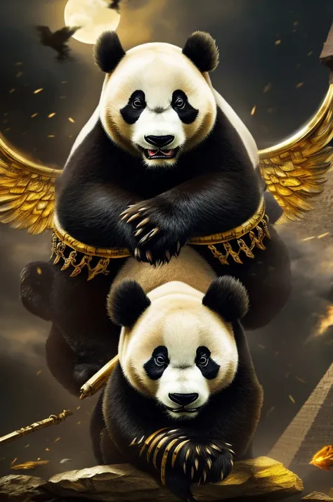 красная panda, panda, rage, anger, despondency, feathers, wings, burning eyes, night, pyramids, Egypt, gold, ears, claws, planets